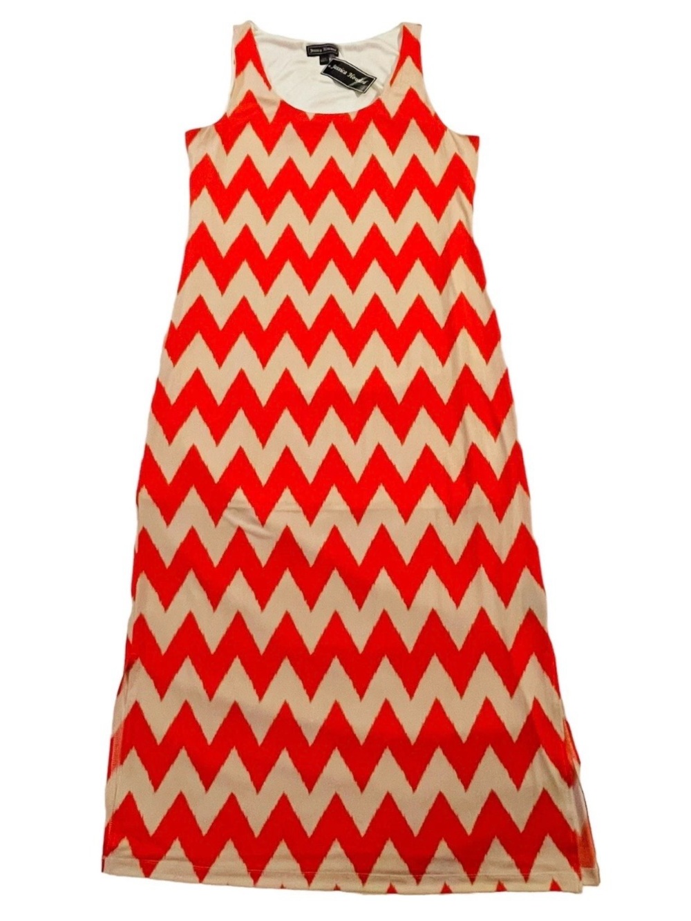 Jessica Howard XL NWT Scoop Neck Maxi Dress Orange Tan Chevron Pattern Colorful